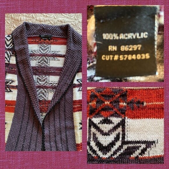 BCBG Max Azria Boho Southwest Cardigan Sweater Size L Purple Rust Cream - Picture 5 of 6